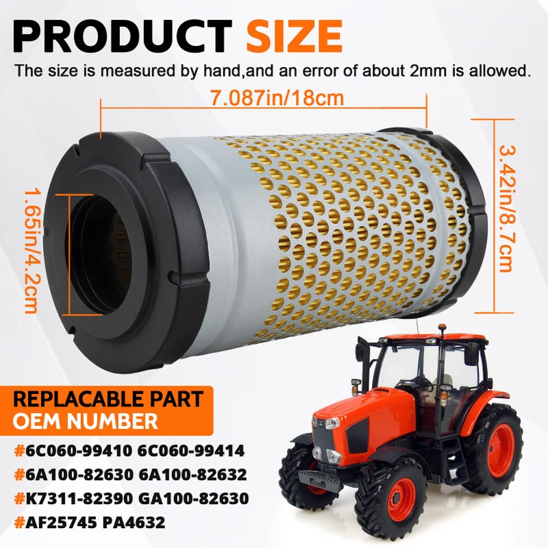 LOCOPOW 6C060-99410 Air Filter Part for Kubota B7800 B7500 B3030 ZG227 B2920 B2910 B3200 B7610 B7510 ZG222 B21 RTV500 B2630 B2410 B2100 B7300 B2710 B3000 B2400 Lawn Mower Tractor - Image 2